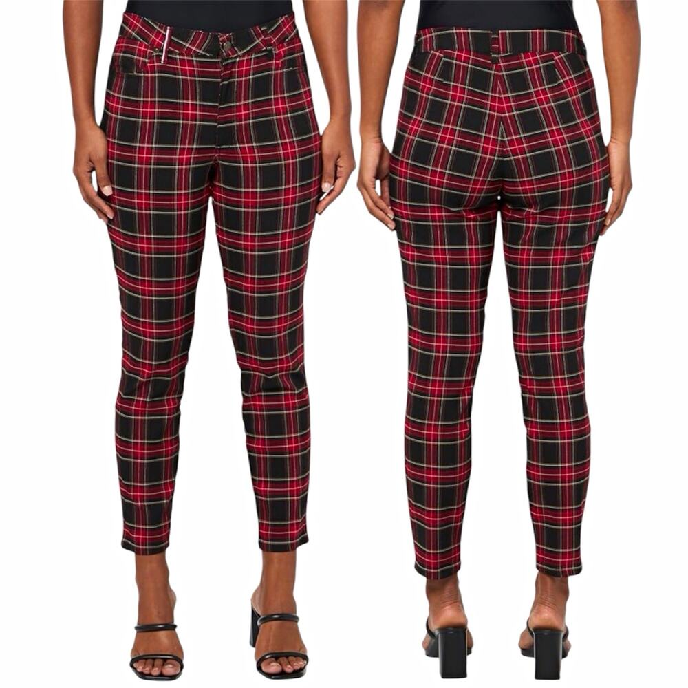 Tommy Hilfiger Plaid Skinny Dress Pants Slim Stretch Pockets Navy Red Size 14